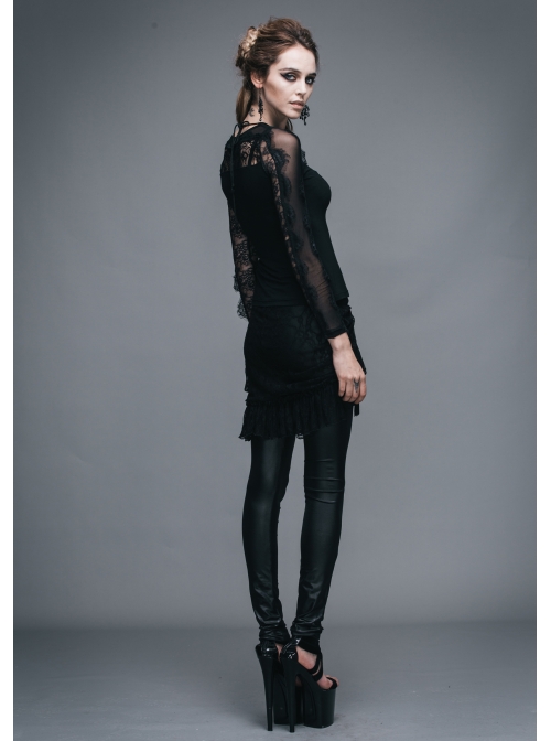 Positioning Pattern Lace Eyelash Lace Long Sleeve Chest Lace-Up Black Gothic T-Shirt
