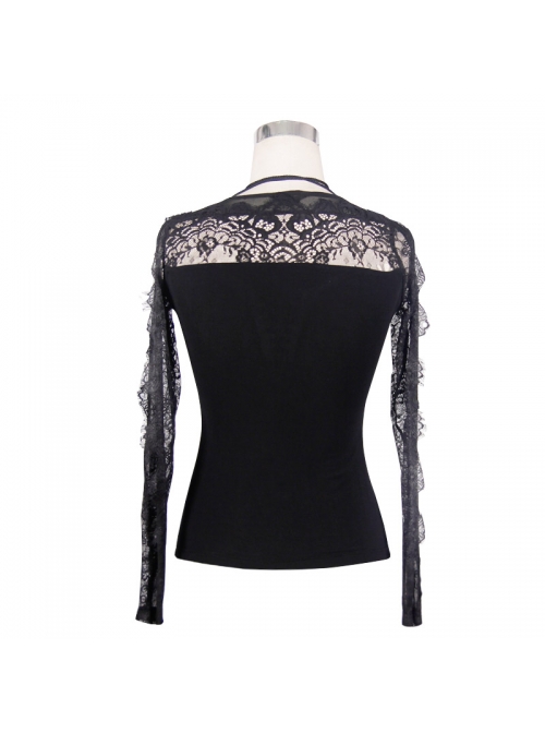 Positioning Pattern Lace Eyelash Lace Long Sleeve Chest Lace-Up Black Gothic T-Shirt