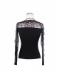 Positioning Pattern Lace Eyelash Lace Long Sleeve Chest Lace-Up Black Gothic T-Shirt