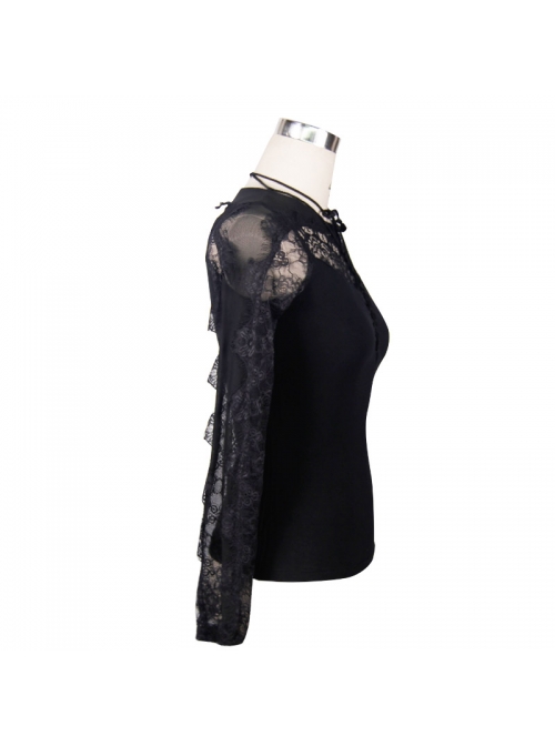 Positioning Pattern Lace Eyelash Lace Long Sleeve Chest Lace-Up Black Gothic T-Shirt