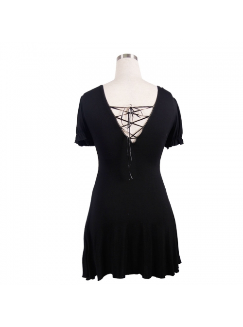 Black Gothic Patterned Lace V-Shaped Back Lace-Up Over Hip Short-Sleeve T-Shirt