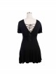 Black Gothic Patterned Lace V-Shaped Back Lace-Up Over Hip Short-Sleeve T-Shirt