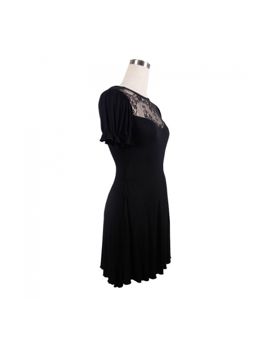 Black Gothic Patterned Lace V-Shaped Back Lace-Up Over Hip Short-Sleeve T-Shirt