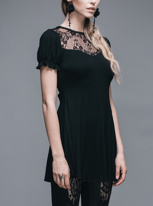 Black Gothic Patterned Lace V-Shaped Back Lace-Up Over Hip Short-Sleeve T-Shirt