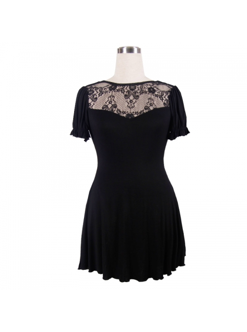 Black Gothic Patterned Lace V-Shaped Back Lace-Up Over Hip Short-Sleeve T-Shirt
