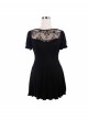 Black Gothic Patterned Lace V-Shaped Back Lace-Up Over Hip Short-Sleeve T-Shirt