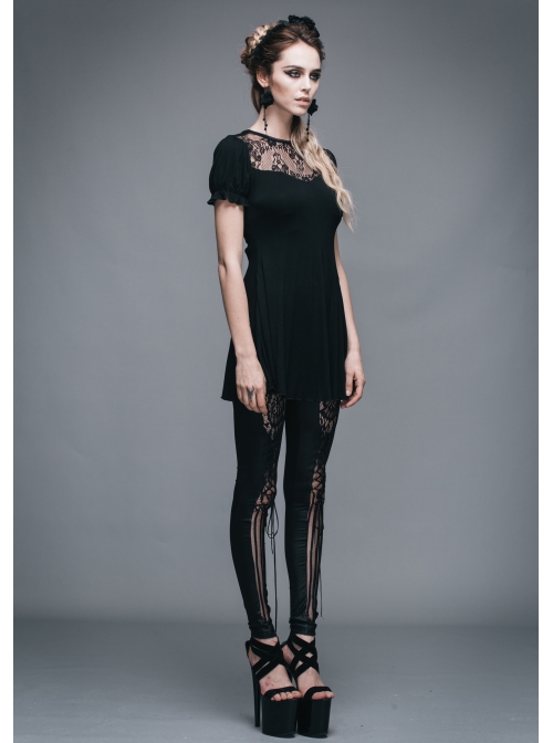 Black Gothic Patterned Lace V-Shaped Back Lace-Up Over Hip Short-Sleeve T-Shirt
