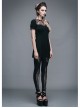 Black Gothic Patterned Lace V-Shaped Back Lace-Up Over Hip Short-Sleeve T-Shirt