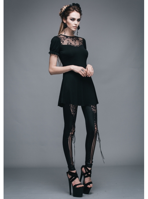 Black Gothic Patterned Lace V-Shaped Back Lace-Up Over Hip Short-Sleeve T-Shirt