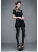 Black Gothic Patterned Lace V-Shaped Back Lace-Up Over Hip Short-Sleeve T-Shirt
