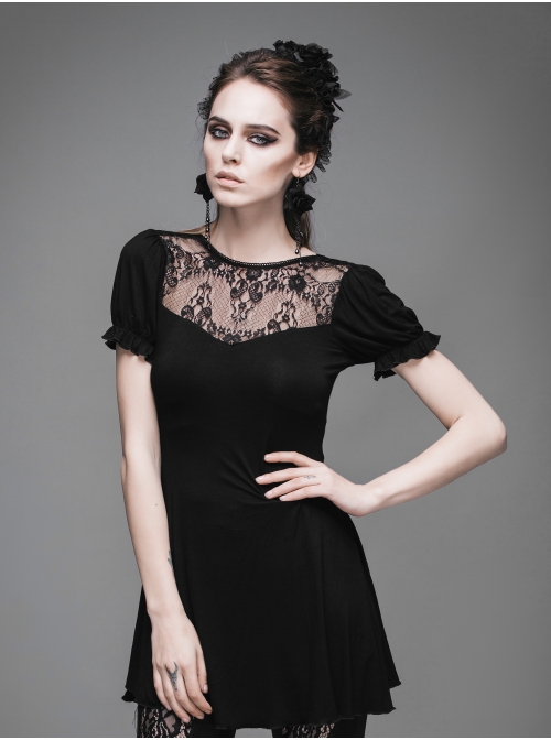 Black Gothic Patterned Lace V-Shaped Back Lace-Up Over Hip Short-Sleeve T-Shirt