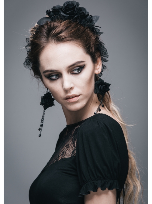 Black Gothic Patterned Lace V-Shaped Back Lace-Up Over Hip Short-Sleeve T-Shirt