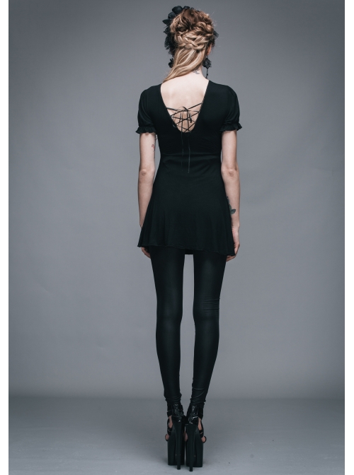 Black Gothic Patterned Lace V-Shaped Back Lace-Up Over Hip Short-Sleeve T-Shirt