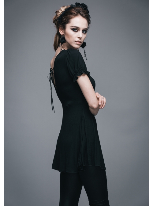 Black Gothic Patterned Lace V-Shaped Back Lace-Up Over Hip Short-Sleeve T-Shirt