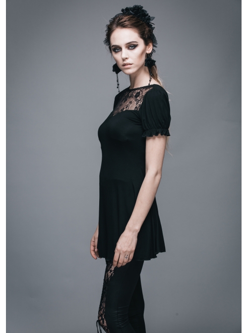 Black Gothic Patterned Lace V-Shaped Back Lace-Up Over Hip Short-Sleeve T-Shirt