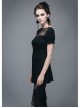 Black Gothic Patterned Lace V-Shaped Back Lace-Up Over Hip Short-Sleeve T-Shirt