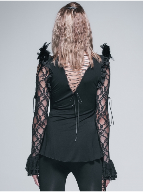 Rose Pattern Lace Small Flared Sleeves Shoulder Feather Back V-Shaped Lace-Up Black Gothic T-Shirt
