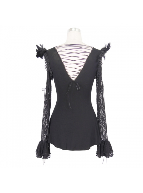 Rose Pattern Lace Small Flared Sleeves Shoulder Feather Back V-Shaped Lace-Up Black Gothic T-Shirt