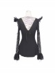 Rose Pattern Lace Small Flared Sleeves Shoulder Feather Back V-Shaped Lace-Up Black Gothic T-Shirt