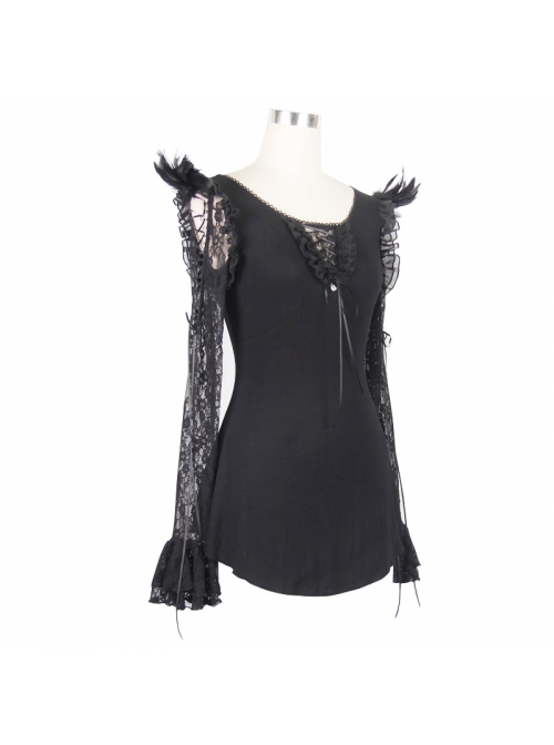 Rose Pattern Lace Small Flared Sleeves Shoulder Feather Back V-Shaped Lace-Up Black Gothic T-Shirt