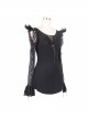 Rose Pattern Lace Small Flared Sleeves Shoulder Feather Back V-Shaped Lace-Up Black Gothic T-Shirt