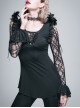 Rose Pattern Lace Small Flared Sleeves Shoulder Feather Back V-Shaped Lace-Up Black Gothic T-Shirt