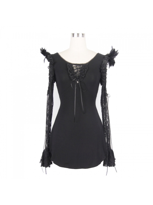 Rose Pattern Lace Small Flared Sleeves Shoulder Feather Back V-Shaped Lace-Up Black Gothic T-Shirt