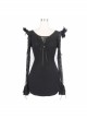 Rose Pattern Lace Small Flared Sleeves Shoulder Feather Back V-Shaped Lace-Up Black Gothic T-Shirt