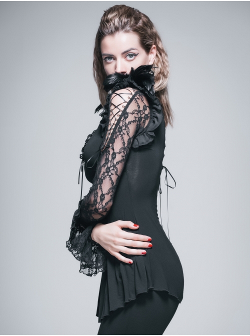 Rose Pattern Lace Small Flared Sleeves Shoulder Feather Back V-Shaped Lace-Up Black Gothic T-Shirt