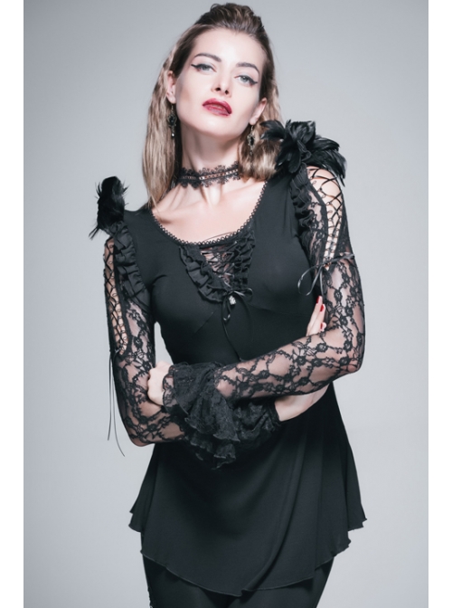 Rose Pattern Lace Small Flared Sleeves Shoulder Feather Back V-Shaped Lace-Up Black Gothic T-Shirt