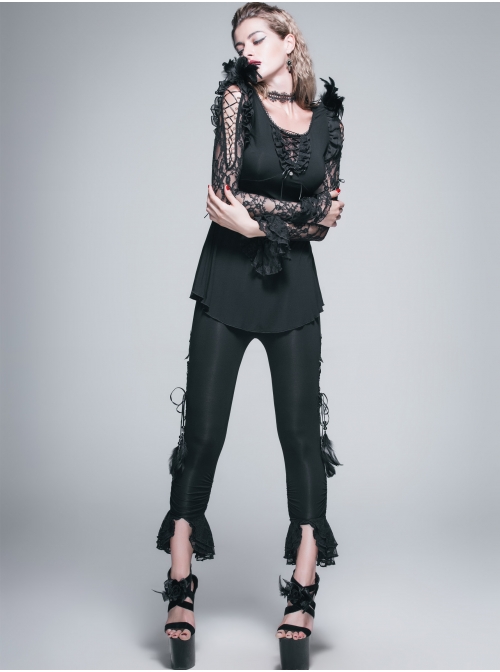 Rose Pattern Lace Small Flared Sleeves Shoulder Feather Back V-Shaped Lace-Up Black Gothic T-Shirt