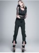 Rose Pattern Lace Small Flared Sleeves Shoulder Feather Back V-Shaped Lace-Up Black Gothic T-Shirt