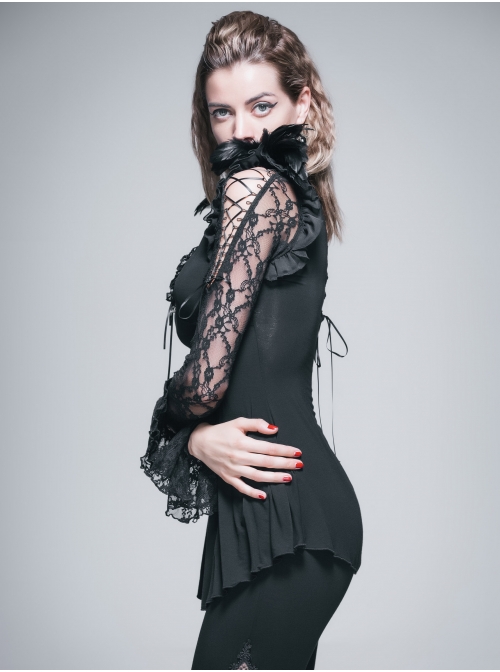 Rose Pattern Lace Small Flared Sleeves Shoulder Feather Back V-Shaped Lace-Up Black Gothic T-Shirt