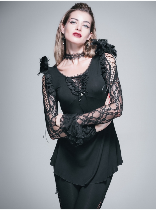 Rose Pattern Lace Small Flared Sleeves Shoulder Feather Back V-Shaped Lace-Up Black Gothic T-Shirt