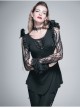 Rose Pattern Lace Small Flared Sleeves Shoulder Feather Back V-Shaped Lace-Up Black Gothic T-Shirt