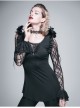Rose Pattern Lace Small Flared Sleeves Shoulder Feather Back V-Shaped Lace-Up Black Gothic T-Shirt