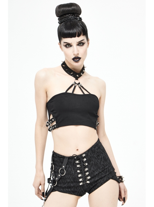 Chest Skull Nail Rivet Choker Side Leather Loop Black Punk Mini Strapless Vest