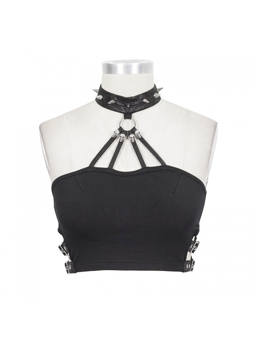Chest Skull Nail Rivet Choker Side Leather Loop Black Punk Mini Strapless Vest