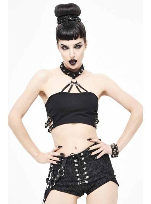 Chest Skull Nail Rivet Choker Side Leather Loop Black Punk Mini Strapless Vest