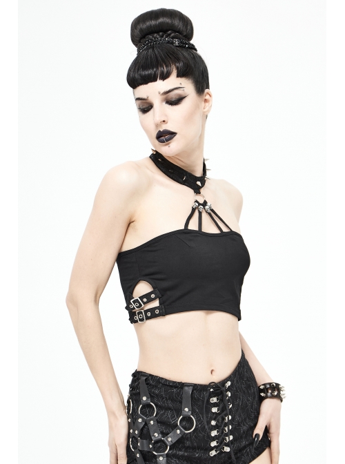 Chest Skull Nail Rivet Choker Side Leather Loop Black Punk Mini Strapless Vest
