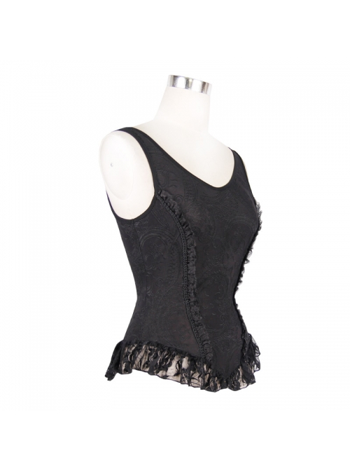 Jacquard Knit V-Neck Lace Flounces Hem Black Tight Gothic Vest