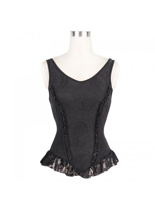 Jacquard Knit V-Neck Lace Flounces Hem Black Tight Gothic Vest
