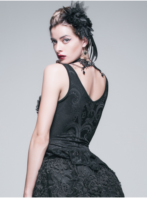 Jacquard Knit V-Neck Lace Flounces Hem Black Tight Gothic Vest