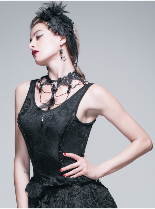 Jacquard Knit V-Neck Lace Flounces Hem Black Tight Gothic Vest