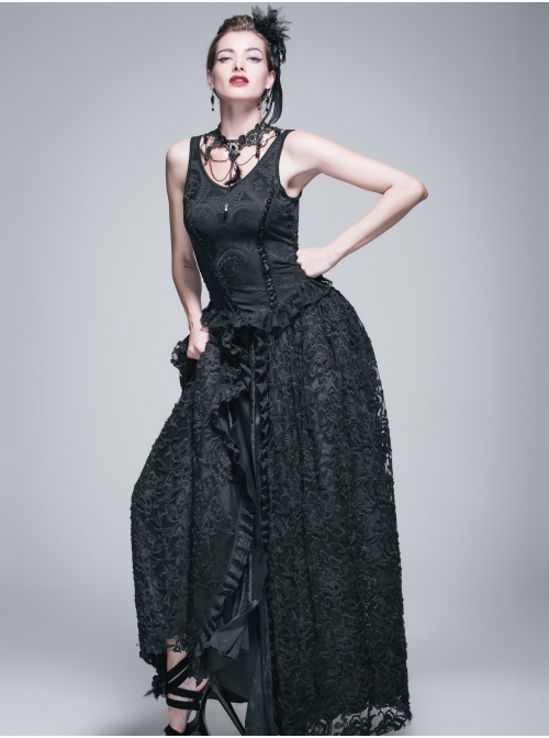 Jacquard Knit V-Neck Lace Flounces Hem Black Tight Gothic Vest