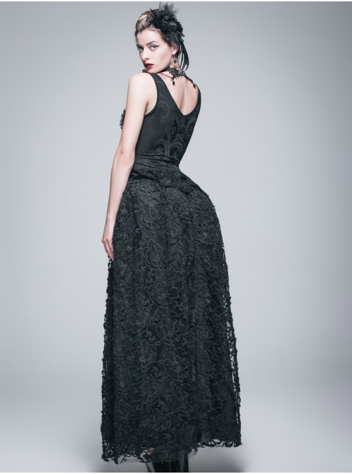 Jacquard Knit V-Neck Lace Flounces Hem Black Tight Gothic Vest