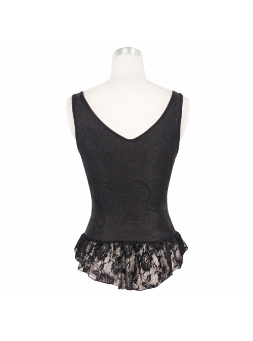 Jacquard Knit V-Neck Lace Flounces Hem Black Tight Gothic Vest