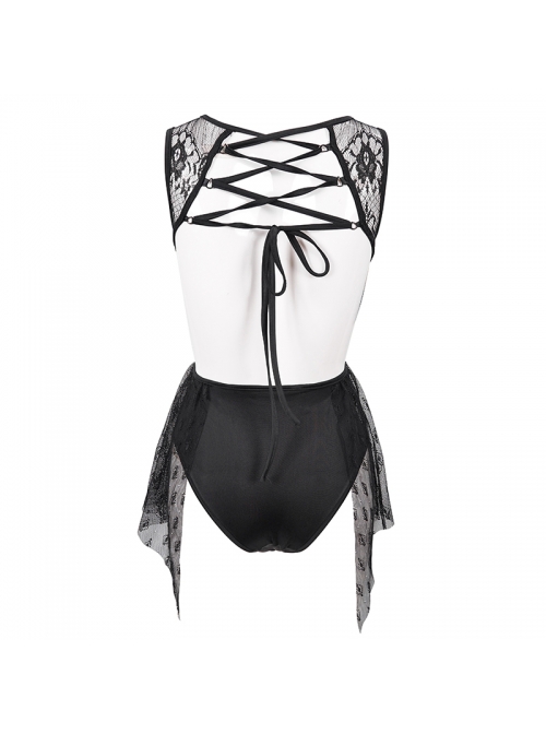 Lace Stitching Back Cross-Strap Lace-Up Black Gothic One-Piece Swimsuit