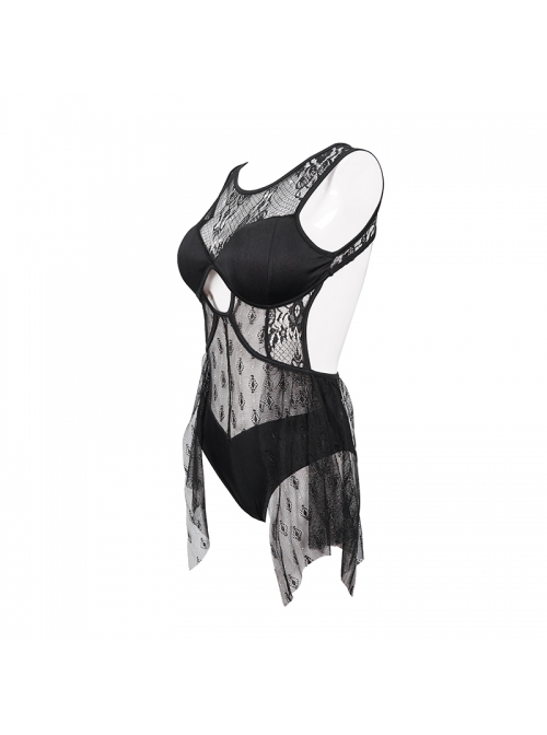 Lace Stitching Back Cross-Strap Lace-Up Black Gothic One-Piece Swimsuit