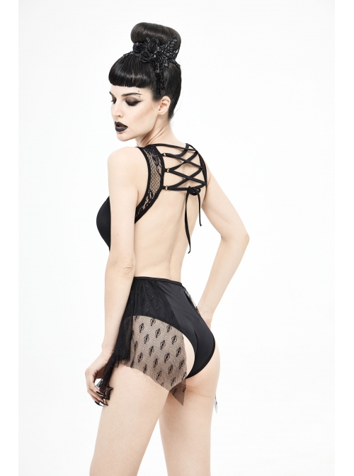 Lace Stitching Back Cross-Strap Lace-Up Black Gothic One-Piece Swimsuit